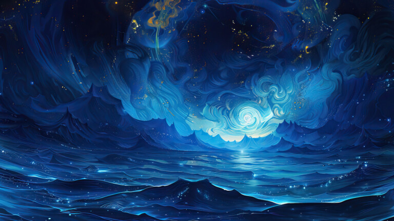 A mesmerizing 4K wallpaper captures the essence of mystical ocean waves rolling gracefully onto a serene beach. The tranquil waters shimmer under the sunlight, while distant horizons invite contemplation. Perfect for your desktop or mobile wallpaper, this seascape scenery offers a serene escape into the beauty of nature.