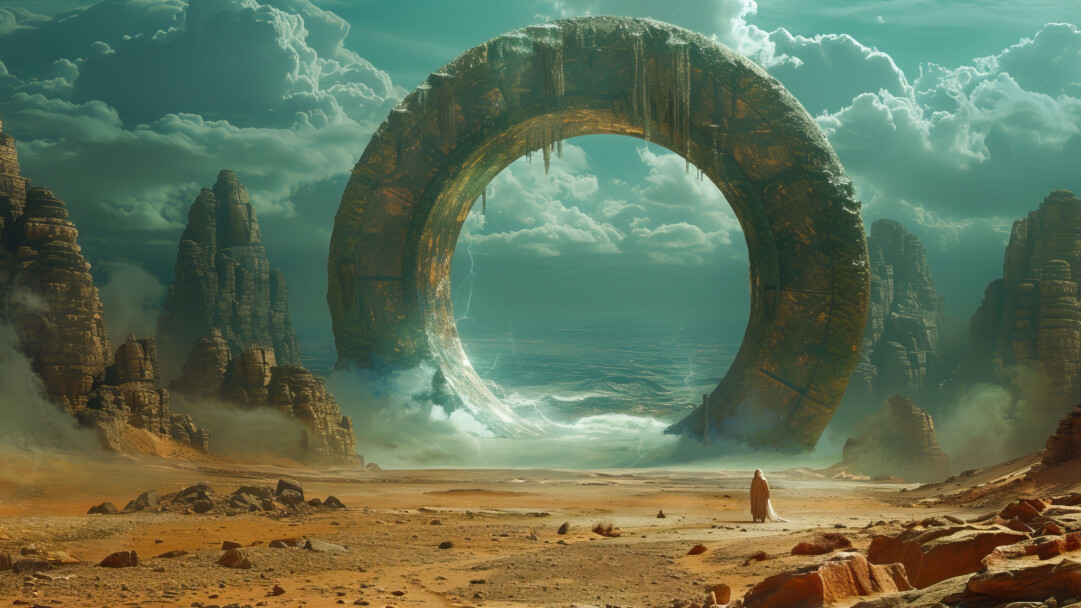 A mesmerizing 4K wallpaper presents an enchanting ocean view framed within a mystical portal. The digital art captures a surreal seascape, where vibrant hues of blue blend seamlessly with the horizon, evoking a sense of tranquility and wonder. Perfect for adorning your desktop or mobile screen with a captivating scene from another realm.