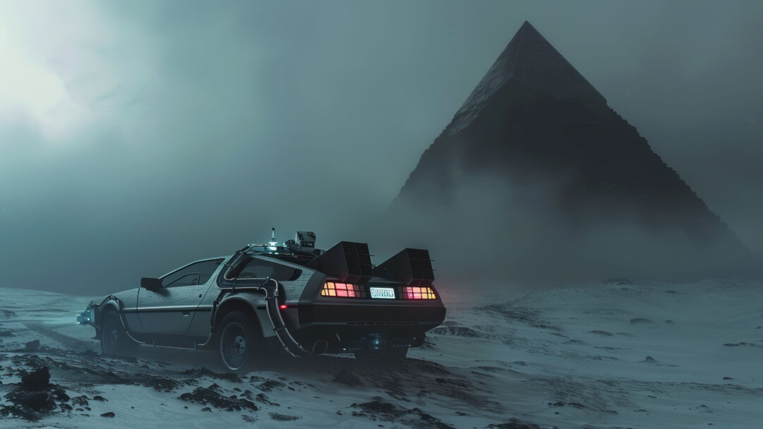A mesmerizing 4K wallpaper featuring a vintage car parked in an eerie landscape under the dusky sky. The retro car stands out against the haunting backdrop of barren trees and mysterious surroundings, creating a surreal atmosphere. Ideal for adding a touch of nostalgia and mystery to your desktop or mobile screen.
