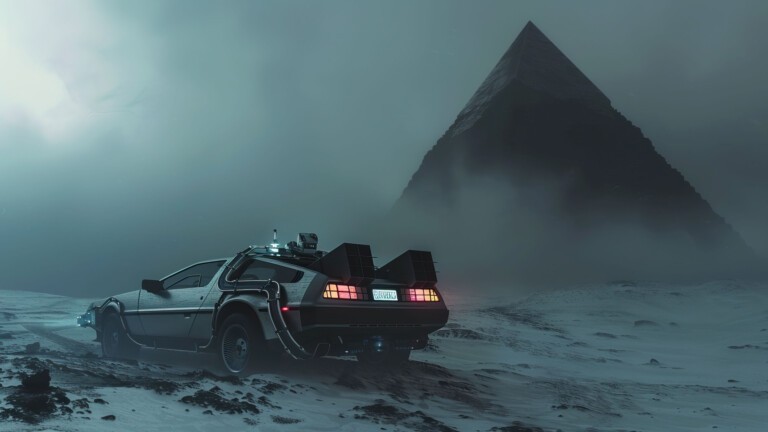 A mesmerizing 4K wallpaper featuring a vintage car parked in an eerie landscape under the dusky sky. The retro car stands out against the haunting backdrop of barren trees and mysterious surroundings, creating a surreal atmosphere. Ideal for adding a touch of nostalgia and mystery to your desktop or mobile screen.