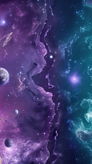 A mesmerizing 4K wallpaper depicts the meeting of space and Earth in a stunning cosmic landscape. Vivid colors blend seamlessly as celestial bodies dance across the sky, creating a surreal scene that captivates the imagination.