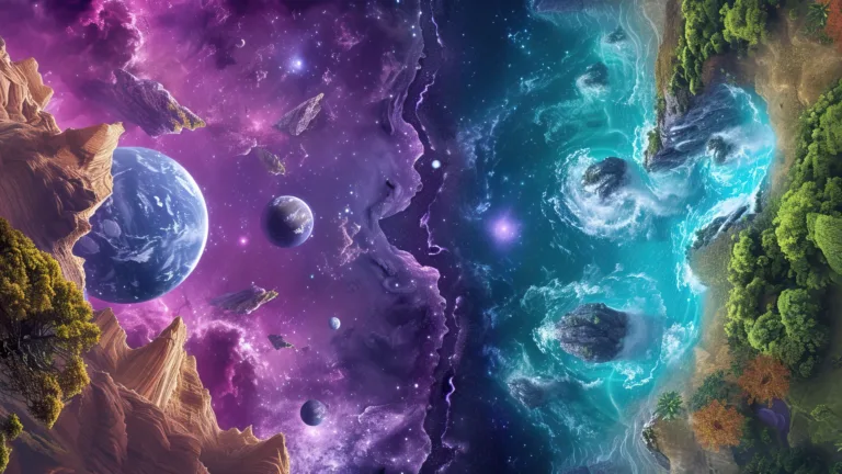 A mesmerizing 4K wallpaper depicts the meeting of space and Earth in a stunning cosmic landscape. Vivid colors blend seamlessly as celestial bodies dance across the sky, creating a surreal scene that captivates the imagination.