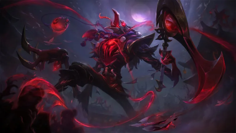 A chilling 4K wallpaper showcasing the Blood Moon Fiddlesticks skin from League of Legends. Fiddlesticks, the Ancient Fear, is depicted in a menacing stance, draped in the eerie and haunting Blood Moon theme, evoking a sense of dread and dark mysticism in the world of League of Legends.