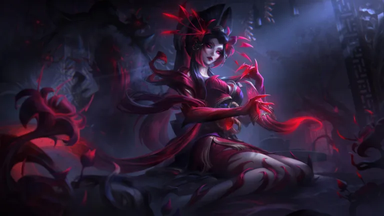 A captivating 4K wallpaper featuring the Blood Moon Zyra skin from League of Legends. Zyra, the deadly enchantress, stands amidst the haunting crimson moonlight, adorned in intricate Blood Moon attire, emanating an aura of dark mystique and otherworldly power.