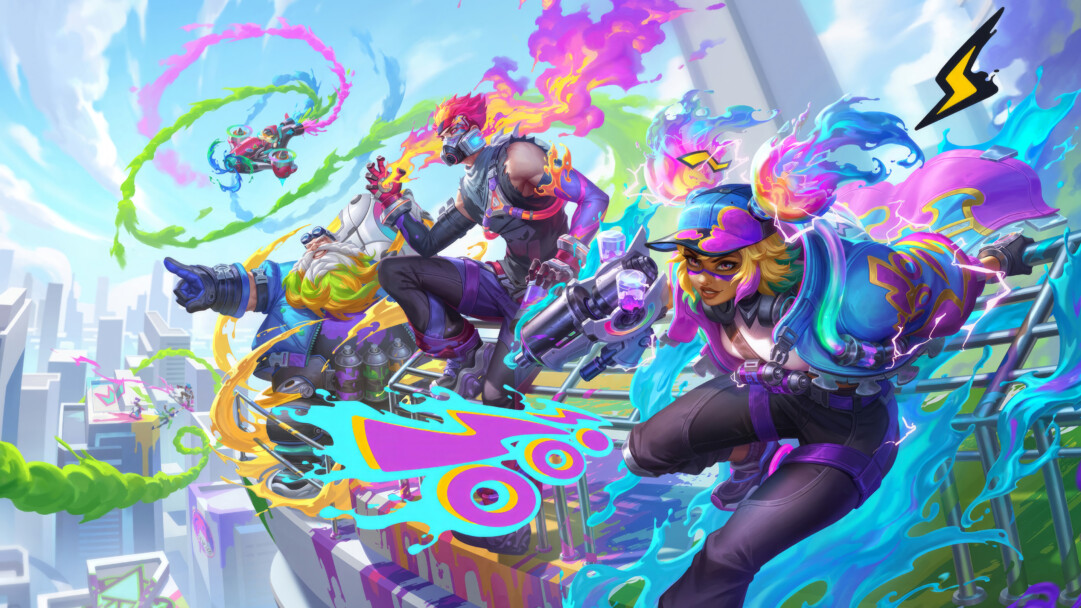 A vibrant 4K wallpaper showcasing the Chromacrash skins for Zeri, Brand, Gragas, and Corki from Wild Rift. The electrifying Zeri, fiery Brand, formidable Gragas, and daring Corki are depicted in their futuristic Chromacrash outfits, each exuding a unique, colorful energy in the dynamic world of Wild Rift.