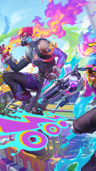 A vibrant 4K wallpaper showcasing the Chromacrash skins for Zeri, Brand, Gragas, and Corki from Wild Rift. The electrifying Zeri, fiery Brand, formidable Gragas, and daring Corki are depicted in their futuristic Chromacrash outfits, each exuding a unique, colorful energy in the dynamic world of Wild Rift.