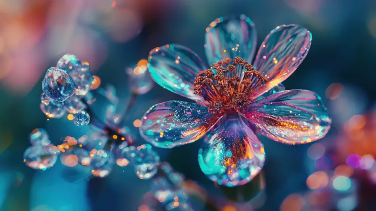 A stunning 4K wallpaper featuring a close-up of a vibrant flower adorned with colorful water droplets. The macro photography captures the intricate details and bokeh effect, creating a mesmerizing visual experience. Ideal for setting as your desktop or mobile wallpaper.