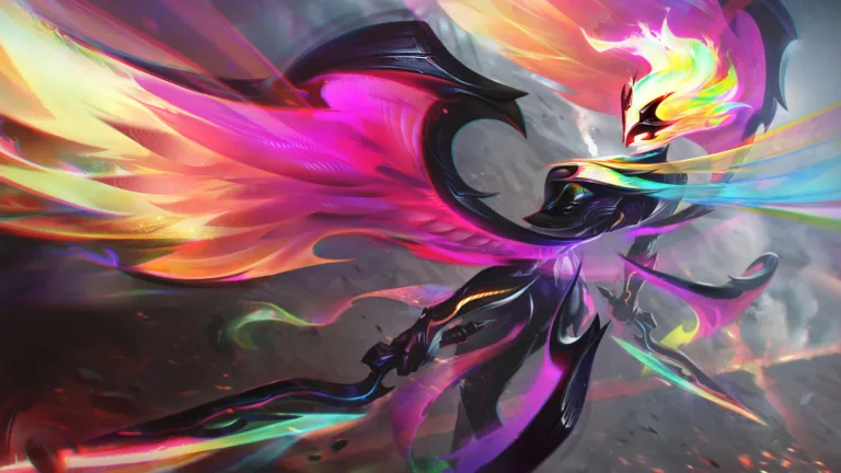 A mesmerizing 4K wallpaper showcasing the divine Empyrean Kayle skin from League of Legends. Kayle, the righteous angel, stands tall with her celestial wings unfurled, radiating an aura of divine power and grace within the vibrant world of League of Legends.