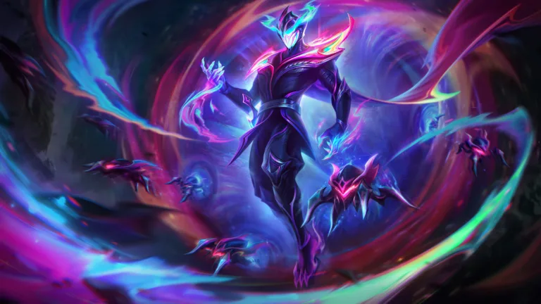A mesmerizing 4K wallpaper showcasing the celestial beauty of the Empyrean Malzahar skin in League of Legends. Malzahar, the Prophet of the Void, stands resolute amidst ethereal energies, radiating an otherworldly presence that captivates the viewer.