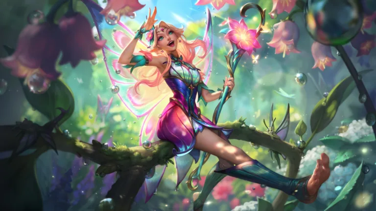 A mesmerizing 4K wallpaper presenting the ethereal beauty of the Faerie Court Lux skin in League of Legends. Lux, the radiant mage, exudes an enchanting aura amidst the lush and magical surroundings of the Faerie Court, evoking a sense of whimsy and wonder.