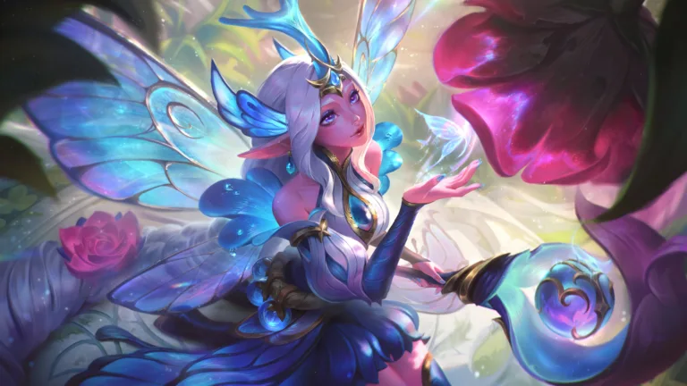 A stunning 4K wallpaper featuring the enchanting Faerie Court Soraka skin from League of Legends. Soraka, the Starchild, is depicted with ethereal grace, adorned in her faerie-themed attire, radiating an aura of mystical beauty and tranquility in the vibrant fantasy world of League of Legends.