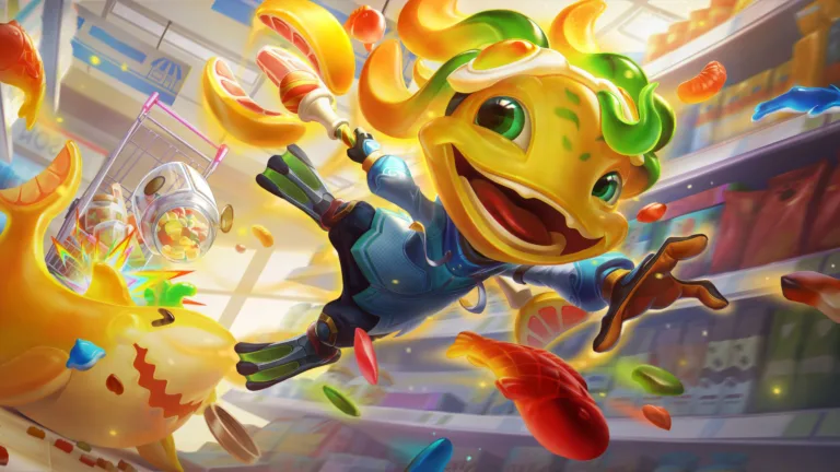 A vibrant 4K wallpaper featuring the delightful Food Spirits Fizz skin from League of Legends. Fizz, the playful trickster, is depicted in his culinary-themed attire, surrounded by an array of colorful and whimsical food elements, bringing a sense of fun and flavor to the fantastical world of League of Legends.
