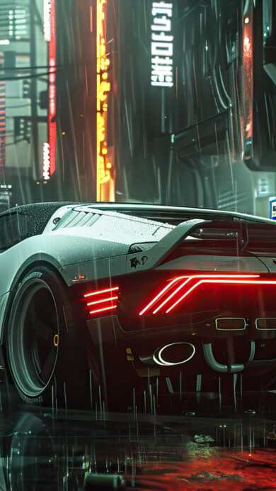 A stunning 4K wallpaper featuring a sleek, futuristic car driving through a neon-lit cityscape. The vibrant colors and high-tech urban environment create a mesmerizing cyberpunk aesthetic, making it a perfect background for your desktop or mobile device.