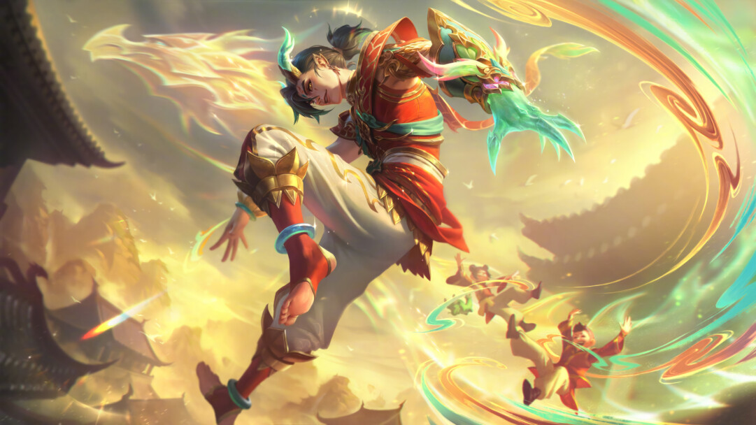 A mesmerizing 4K wallpaper presenting the celestial beauty of the Heavenscale Ezreal skin in League of Legends. Ezreal, the daring explorer, stands resolute amidst a backdrop of ethereal cosmic energies, embodying the essence of adventure and discovery in the mystical universe of League of Legends.