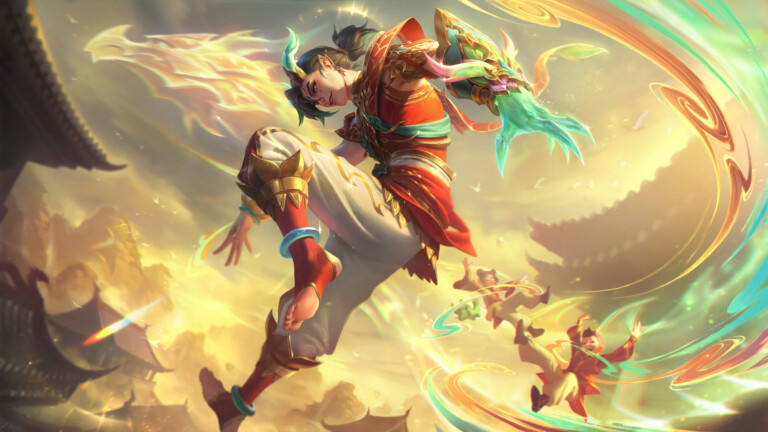 A mesmerizing 4K wallpaper presenting the celestial beauty of the Heavenscale Ezreal skin in League of Legends. Ezreal, the daring explorer, stands resolute amidst a backdrop of ethereal cosmic energies, embodying the essence of adventure and discovery in the mystical universe of League of Legends.