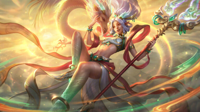 A mesmerizing 4K wallpaper featuring the celestial elegance of the Heavenscale Janna skin in League of Legends. Janna, the Wind's Embrace, stands amidst a celestial realm, radiating grace and power as she harnesses the elemental forces of wind and light in breathtaking detail.