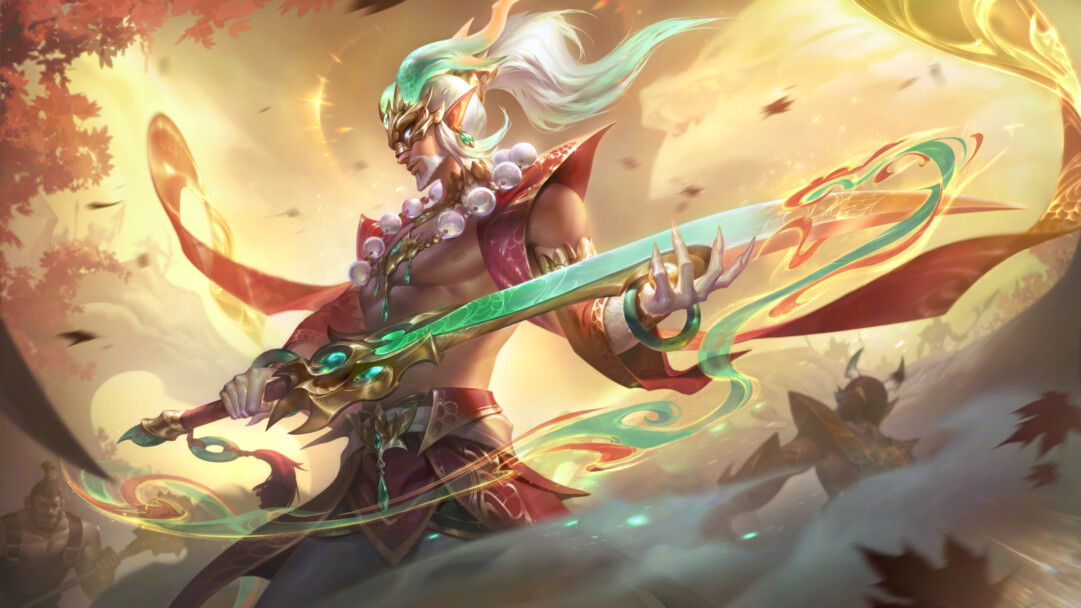 A striking 4K wallpaper showcasing the celestial elegance of the Heavenscale Master Yi skin in League of Legends. Master Yi, the agile swordsman, stands amidst ethereal celestial energies, emanating an aura of divine power and mastery.