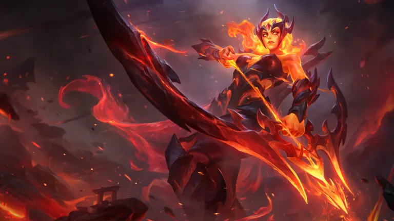A breathtaking 4K wallpaper showcasing the Infernal Ashe skin from League of Legends. Ashe, the Frost Archer, is depicted in her fiery Infernal form, wielding a bow ablaze with flames, set against a backdrop of burning landscapes and intense heat.