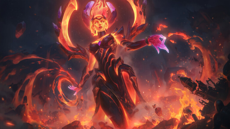 A stunning 4K wallpaper featuring the Infernal Karma skin from League of Legends. Karma, the Enlightened One, is depicted with blazing infernal flames, showcasing her powerful and fiery transformation in the vivid and fantastical world of League of Legends.