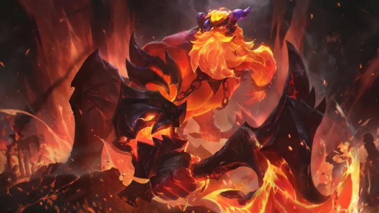 A stunning 4K wallpaper featuring the fearsome Infernal Olaf skin from League of Legends. Olaf, the Berserker, is depicted engulfed in blazing flames and wielding his fiery axes, showcasing his unstoppable fury and the intense heat of the Infernal skin line.