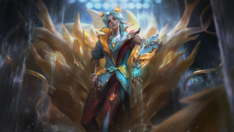 A stunning 4K wallpaper featuring the Prestige Heavenscale Ezreal skin from League of Legends. Ezreal, the Prodigal Explorer, is showcased in his magnificent Prestige Heavenscale armor, radiating celestial light and elegance within the epic fantasy realm of League of Legends.
