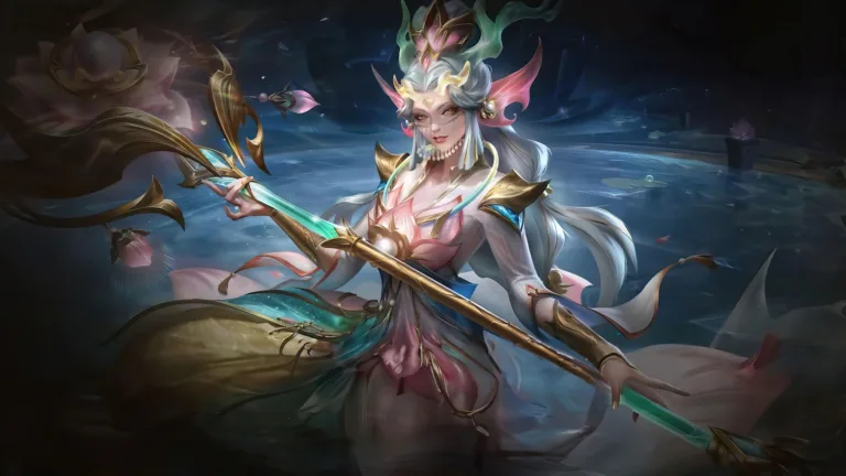 A stunning 4K wallpaper showcasing the Prestige Splendid Staff Nami skin in League of Legends. Nami, the Tidecaller, radiates elegance and grace as she commands the waters with her enchanting staff, adorned in resplendent golden attire fit for a celestial guardian.