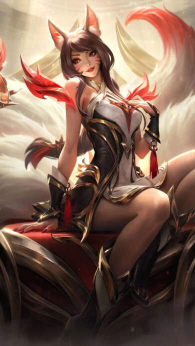A mesmerizing 4K wallpaper showcasing the Rising Legend Ahri skin from League of Legends. Ahri, the charming fox spirit, radiates an aura of elegance and power as she embraces her destiny amidst a backdrop of ethereal beauty and mystical energy.