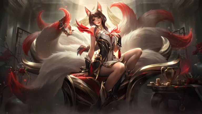 A mesmerizing 4K wallpaper showcasing the Rising Legend Ahri skin from League of Legends. Ahri, the charming fox spirit, radiates an aura of elegance and power as she embraces her destiny amidst a backdrop of ethereal beauty and mystical energy.