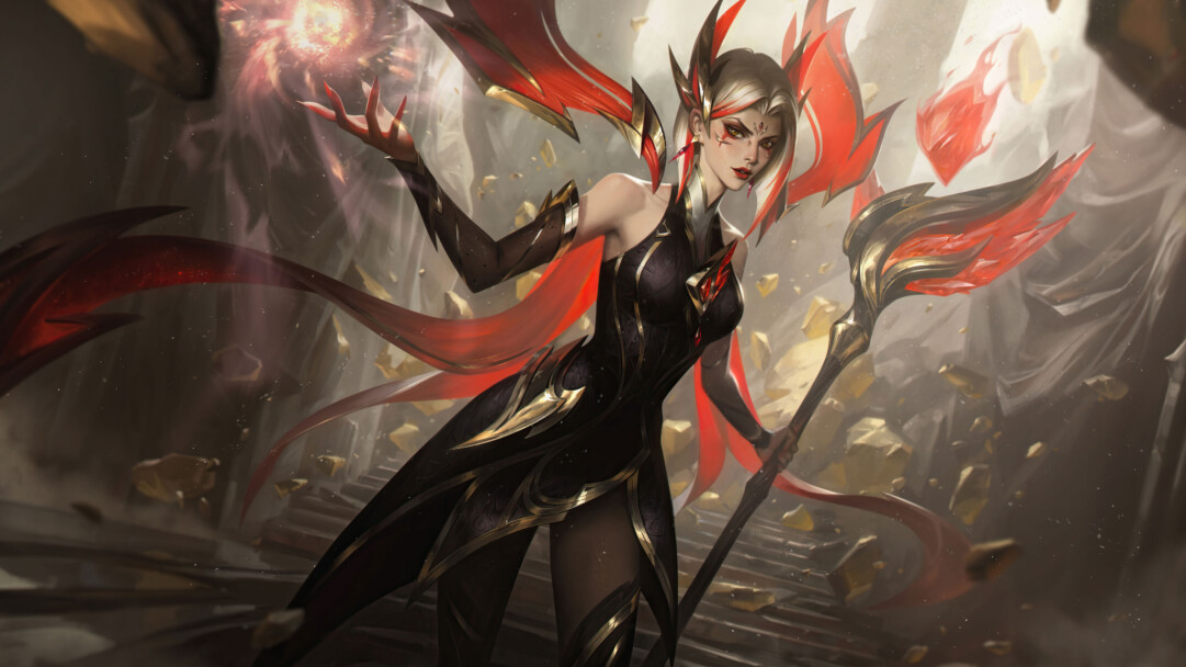 A mesmerizing 4K wallpaper showcasing the elegance of the Rising Legend LeBlanc skin in League of Legends. LeBlanc, the Deceiver, commands attention with her regal presence, adorned in ornate attire and surrounded by an aura of mystique and power.
