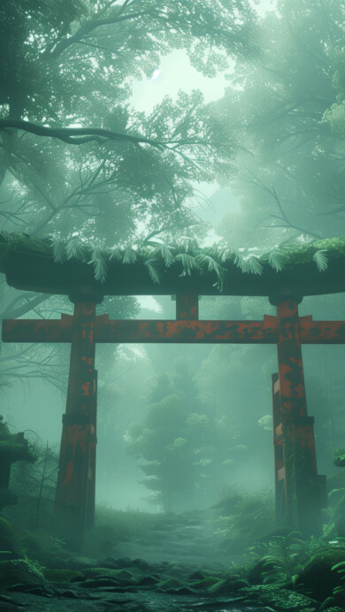 A serene 4K wallpaper featuring a traditional Japanese torii arch set against a backdrop of lush green nature. The tranquil scene captures the essence of peace and spirituality, making it a perfect choice for your desktop or mobile background.