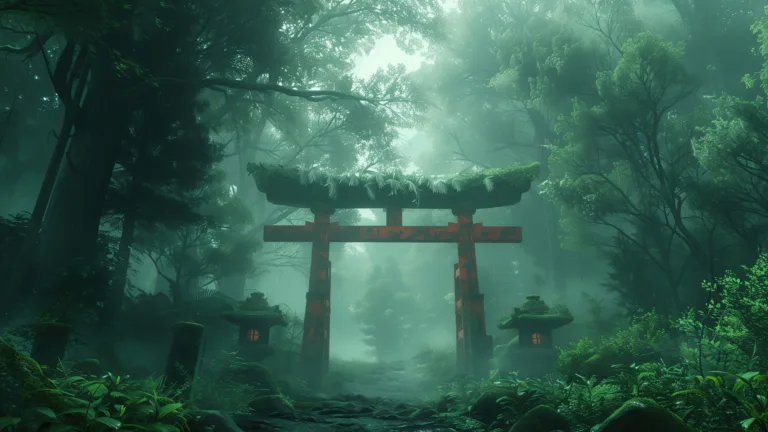 A serene 4K wallpaper featuring a traditional Japanese torii arch set against a backdrop of lush green nature. The tranquil scene captures the essence of peace and spirituality, making it a perfect choice for your desktop or mobile background.