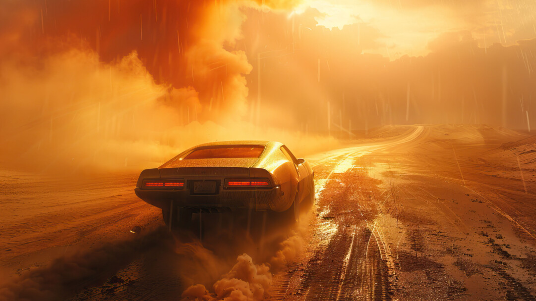 A stunning 4K wallpaper featuring a car driving through a desert landscape at sunset. The vibrant hues of the setting sun illuminate the desert, creating a picturesque scene perfect for your desktop or mobile background.