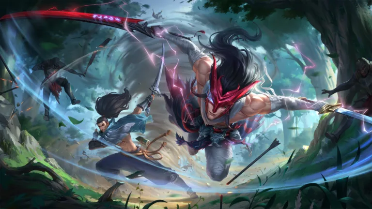 A mesmerizing 4K wallpaper presenting the dynamic duo of Yone and Yasuo from League of Legends: Wild Rift. Yone, the Unforgotten, and Yasuo, the Unforgiven, stand side by side in a striking display of camaraderie and determination, ready to face any challenge that comes their way within the immersive world of Wild Rift.