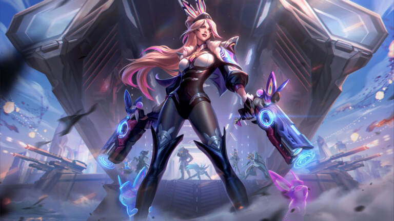 A stunning 4K wallpaper featuring the Admiral Battle Bunny Miss Fortune skin from League of Legends. Miss Fortune, the bounty hunter, is depicted in a dynamic pose, dressed in her playful yet fierce Admiral Battle Bunny outfit, highlighting her strength and agility in the vibrant world of League of Legends.