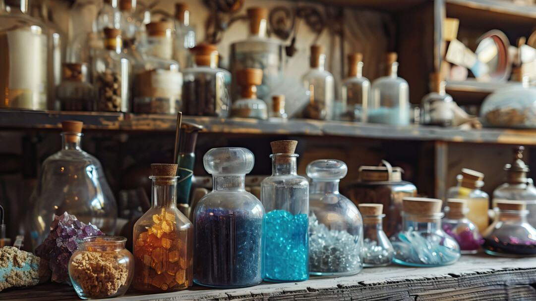captivating 4K wallpaper featuring an alchemist's lab filled with potion bottles. The scene captures the magical ambiance of a mystical laboratory, with shelves lined with colorful potions and intricate alchemical equipment, perfect for a fantasy-themed desktop or mobile background.