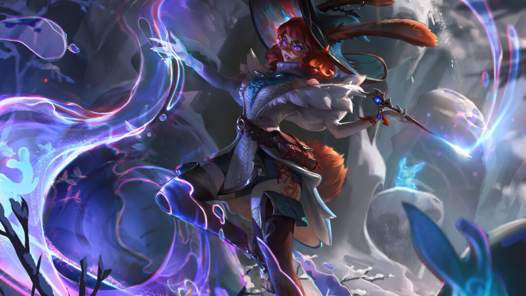 A stunning 4K wallpaper featuring the Aurora splash art from League of Legends. This image showcases a vibrant character adorned with magical attire, wielding a glowing weapon and surrounded by ethereal, colorful energy in a mystical landscape, capturing the enchanting and dynamic essence of the League of Legends universe.