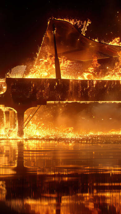 A stunning 4K wallpaper featuring a grand piano engulfed in vibrant flames. The fiery design creates a dramatic and artistic visual, making it an eye-catching choice for your desktop or mobile background.