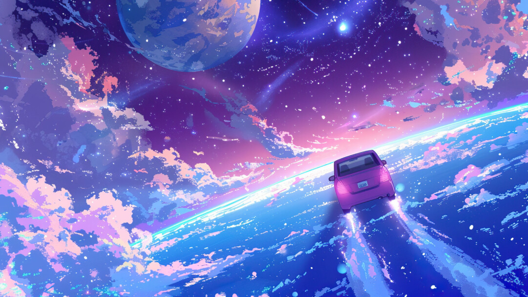 A mesmerizing 4K wallpaper featuring a futuristic road trip through the galaxy. This digital artwork captures the essence of a cosmic adventure, with a road winding through stars and planets, creating a visually stunning and imaginative scene. Ideal for setting as your desktop or mobile wallpaper.
