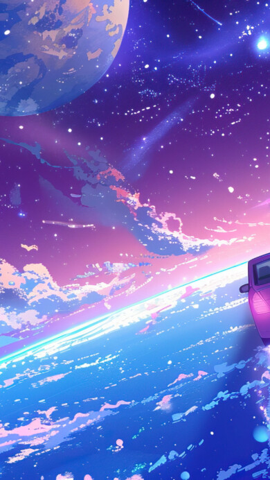 A mesmerizing 4K wallpaper featuring a futuristic road trip through the galaxy. This digital artwork captures the essence of a cosmic adventure, with a road winding through stars and planets, creating a visually stunning and imaginative scene. Ideal for setting as your desktop or mobile wallpaper.