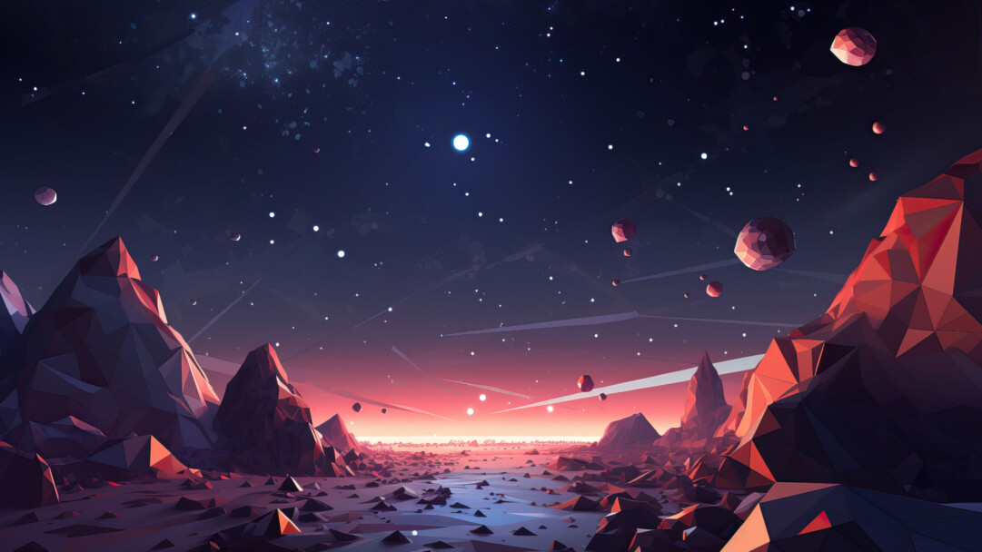 A mesmerizing 4K wallpaper featuring a polygonal space landscape with intricate geometric shapes and vibrant colors. This AI-generated artwork captures a stunning cosmic scene filled with stars and galaxies, creating a futuristic and captivating visual experience for your desktop or mobile background.