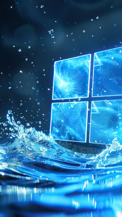 A stunning 4K wallpaper featuring a futuristic Windows logo dynamically emerging from a dramatic water splash. The sleek and vibrant design captures the essence of modern technology and innovation, creating a striking visual perfect for enhancing your desktop or mobile screen.