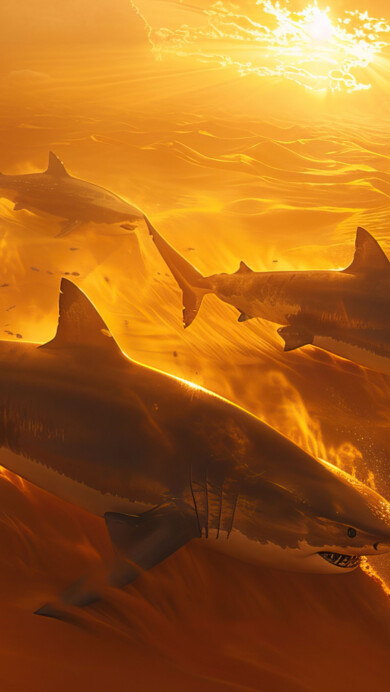 A surreal 4K wallpaper featuring sharks swimming seamlessly through a sandy desert landscape. This AI-generated artwork blends elements of the ocean and desert, creating a unique and imaginative visual experience ideal for your desktop or mobile wallpaper.