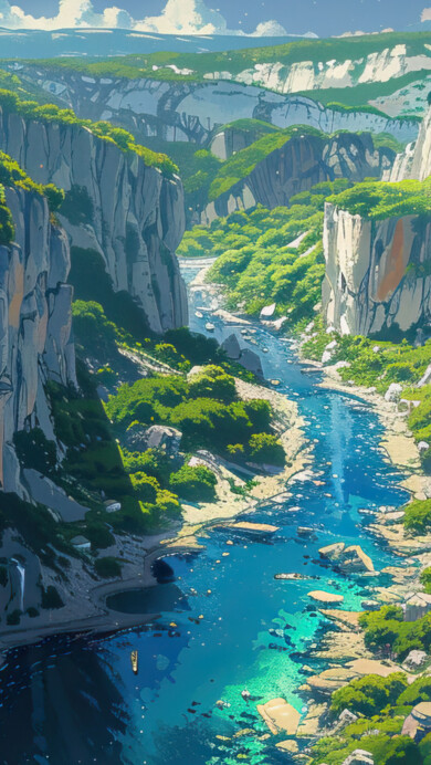 A breathtaking 4K wallpaper featuring a stunning cliffside river valley. The scene captures the serenity of a winding river flowing through lush greenery, with towering cliffs providing a majestic backdrop. Perfect for adding a touch of nature to your desktop or mobile screen.