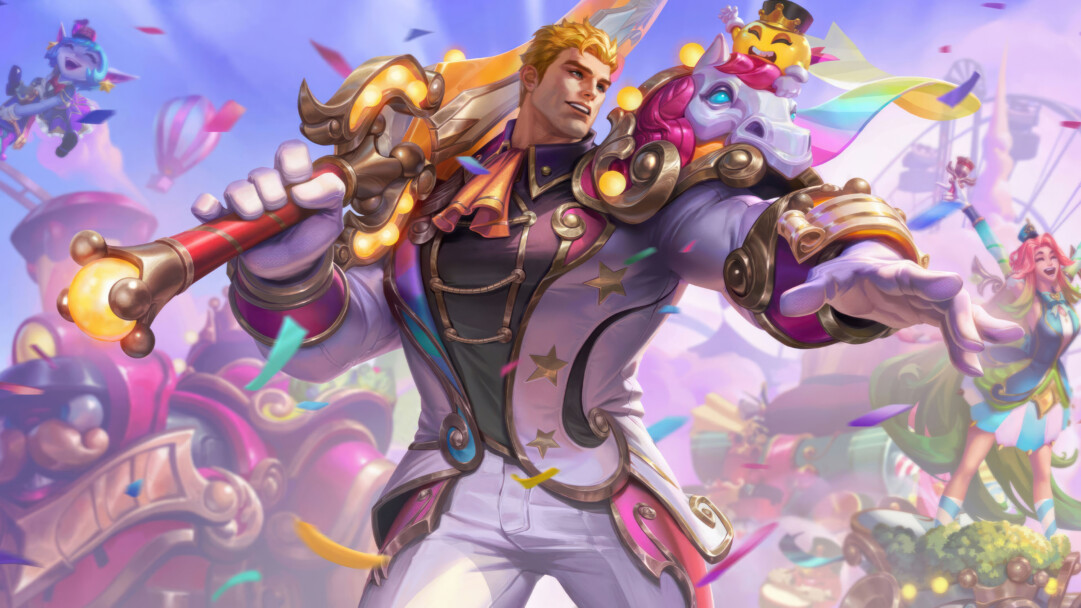 A vibrant 4K wallpaper featuring the Garden Party Garen skin from Wild Rift. Garen, the Might of Demacia, is depicted in a refreshing summer scene, dressed in a dapper outfit perfect for a garden party, surrounded by lush greenery and blooming flowers, capturing a light-hearted and festive atmosphere.