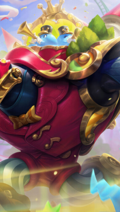 A vibrant 4K wallpaper showcasing the Garden Party Malphite skin from Wild Rift. Malphite, the imposing shard of the monolith, is portrayed in a festive, garden-themed setting, adorned with floral decorations, bringing a whimsical and cheerful vibe to his usually intimidating presence.