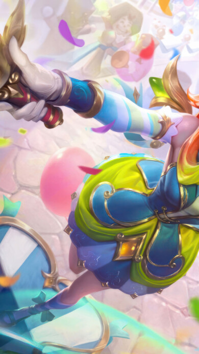 A vibrant 4K wallpaper showcasing the Garden Party Seraphine skin from Wild Rift. Seraphine, the starry-eyed songstress, is depicted in a whimsical garden setting, adorned in playful floral-themed attire that exudes charm and joy.