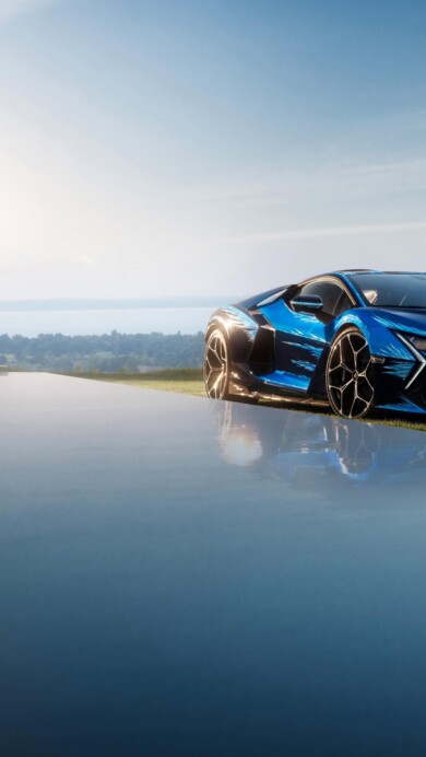A striking 4K wallpaper featuring the Lamborghini Revuelto Opera Unica, showcasing the car's sleek design and vibrant color in high detail. Perfect for automotive enthusiasts and luxury car lovers.