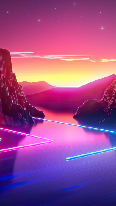 A mesmerizing 4K wallpaper featuring a neon-lit mountain lake. The vibrant colors and reflections in the water create a stunning and surreal landscape, perfect for setting as your desktop or mobile background.