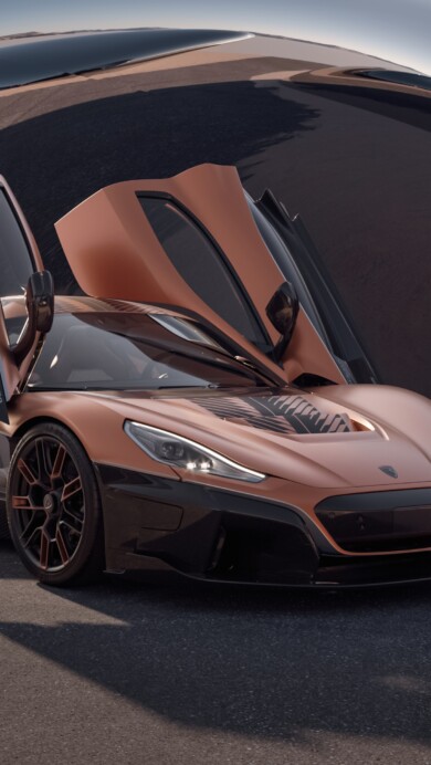 A stunning 4K wallpaper featuring the Rimac Nevera Anniversary Edition. The high-resolution image showcases the electric hypercar's sleek design and intricate details, perfect for both desktop and mobile backgrounds.