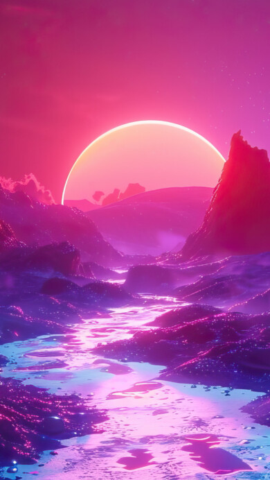 A stunning 4K wallpaper featuring a surreal neon pink sky over majestic mountains. This AI-generated landscape captures a dreamlike atmosphere with vibrant colors and abstract elements, making it a perfect background for your desktop or mobile device.